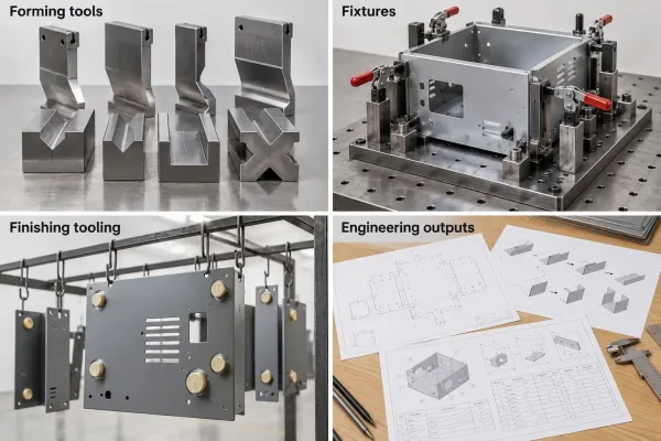 Four categories of tooling and NRE items for metal enclosure orders: forming tools, fixtures, finishing tooling, and engineering deliverables