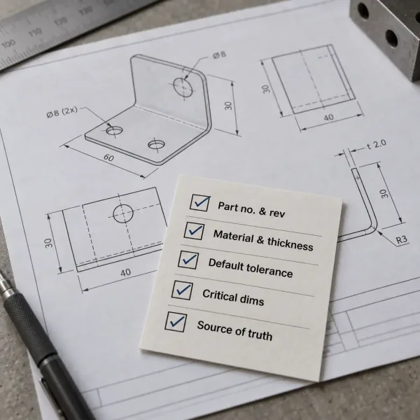 Checklist card for minimum 2D drawing review before RFQ covering part number, revision, material, thickness, tolerances, and critical dimensions