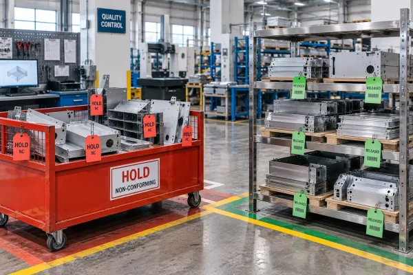 Nonconforming sheet metal parts held in a marked quarantine area separate from accepted batches