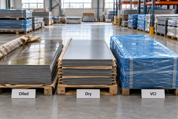 Oiled, dry, and VCI wrapped sheet metal packs showing different storage barriers