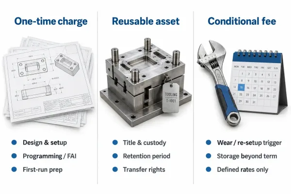 Comparison of one-time charges, reusable buyer-funded assets, and conditional repeat-order fees for enclosure tooling