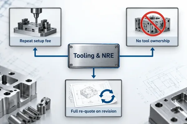 Diagram showing three production failures from an undefined tooling and NRE line on an enclosure order