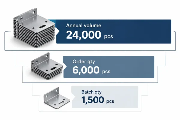 Quantity hierarchy diagram showing annual volume 24,000 pcs, order quantity 6,000 pcs, and batch quantity 1,500 pcs