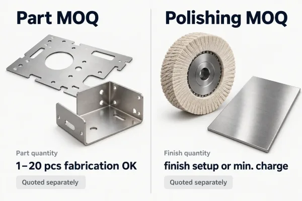 Diagram comparing part MOQ with separate polishing MOQ on a manufacturing quote