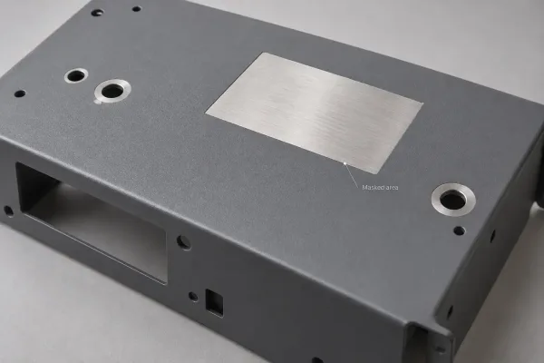 Powder-coated sheet metal enclosure with masked grounding area before coating