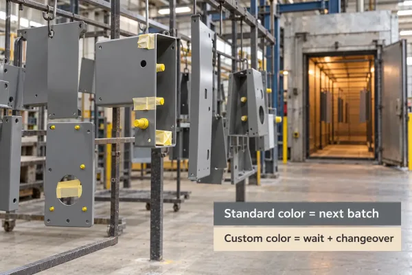 Powder-coated sheet metal parts on hanging racks with a standard color batch and a custom color changeover