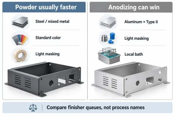 Decision chart showing when powder coating is faster and when anodizing is faster