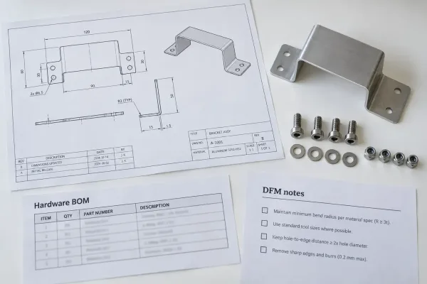 RFQ package with sheet metal drawings, hardware BOM, and DFM revision notes