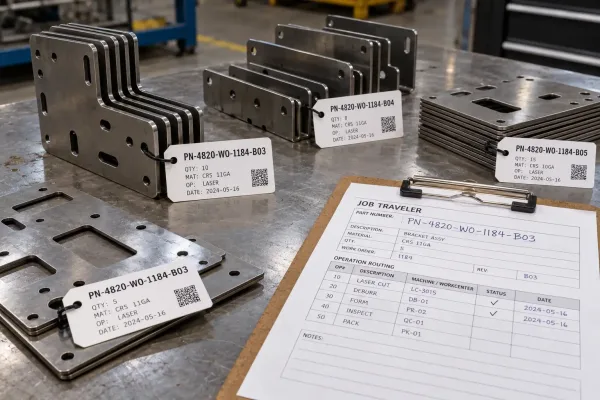 Production batch IDs printed on labels attached to sheet metal parts and job travelers