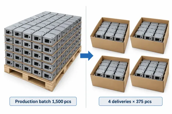 Diagram comparing one production batch of sheet metal parts with the same quantity split into four delivery batches