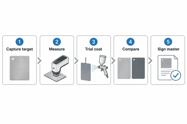 Five-step manufacturing color match process from target capture to signed approval sample