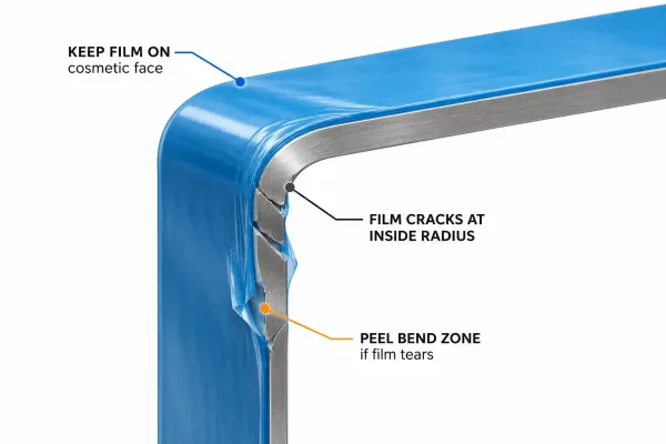 Diagram of sheet metal bend showing protective film cracking at the inside radius