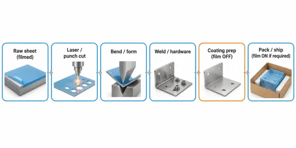Simple flowchart showing where protective film stays on or comes off through sheet metal fabrication steps