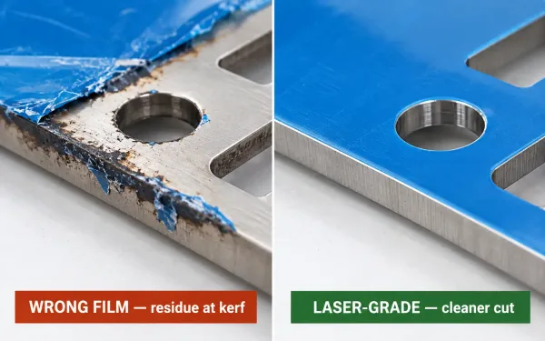 Close-up of laser cut edge with film melt residue compared with a clean laser-grade film cut