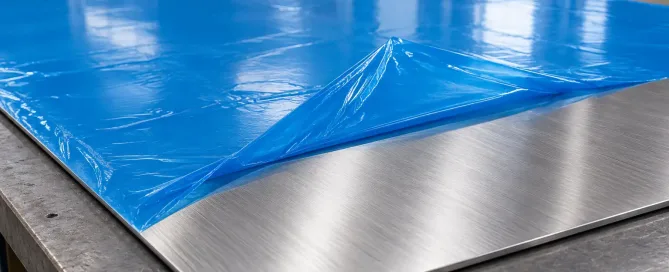 Blue PE protective film partly peeled from a brushed stainless steel sheet in a fabrication shop