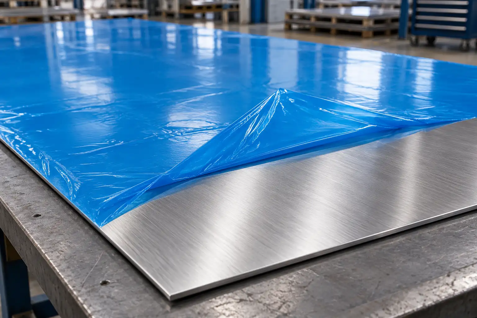 Blue PE protective film partly peeled from a brushed stainless steel sheet in a fabrication shop
