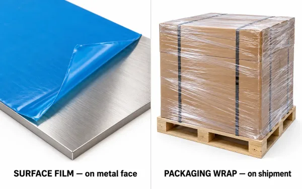 Side-by-side comparison of surface protective film on metal versus packaging wrap on a shipping crate