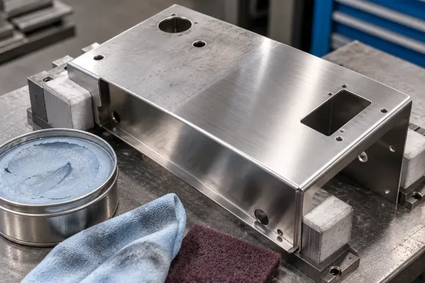 Stainless steel prototype part held in soft jaws for hand polishing without a production fixture