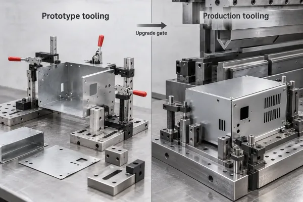 Side-by-side comparison of soft prototype tooling and hard production tooling for sheet metal enclosures