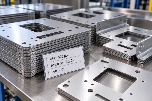 Sheet metal parts with a batch label showing quantity, batch number code, and lot grouping