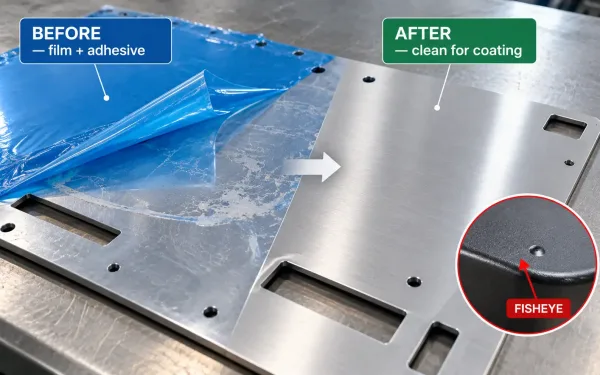 Sheet metal panel with protective film removed and cleaned before powder coating