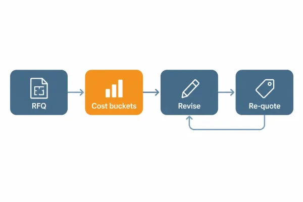 Flow diagram of RFQ quote feedback and targeted design revision loop