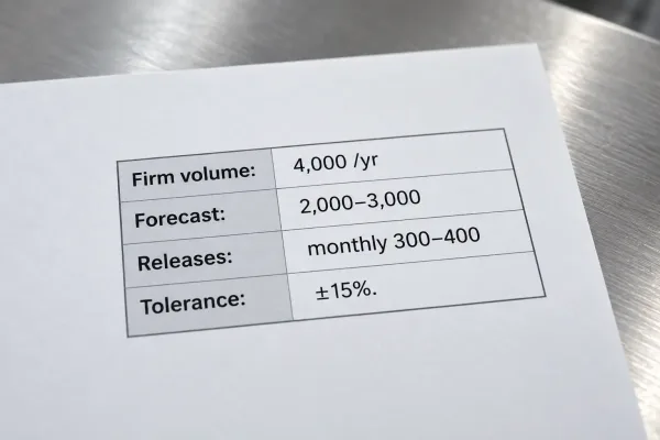 RFQ quantity fields showing firm volume and forecast volume separated