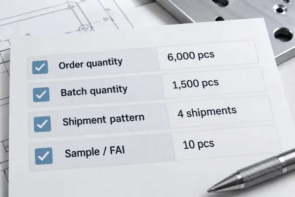 RFQ and PO quantity field checklist with order quantity, batch quantity, shipment pattern, and sample quantity