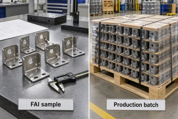 Small FAI sample set of sheet metal parts next to a large production batch on a pallet