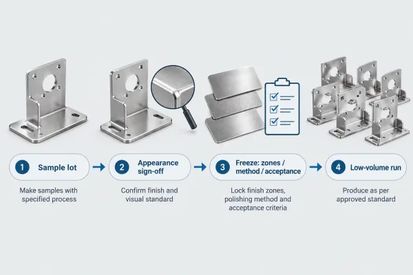 Process flow from polished sample approval to low-volume production freeze points