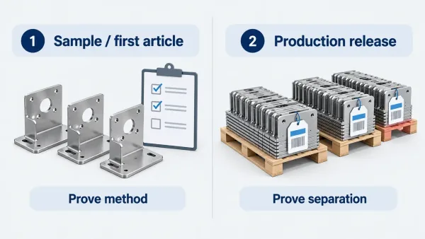 Comparison of sample batch control and production batch control for sheet metal parts