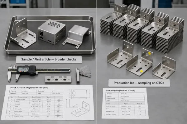 Side-by-side comparison of prototype sample inspection and production lot sampling before shipment