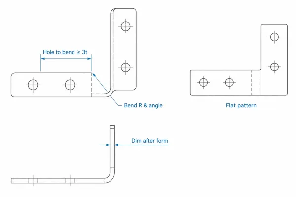 Engineering diagram of sheet metal bend radius, hole-to-bend distance, and dimensions that apply after forming