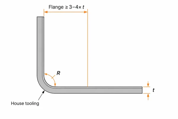 Technical diagram of sheet metal bend with inside radius and flange length guideline