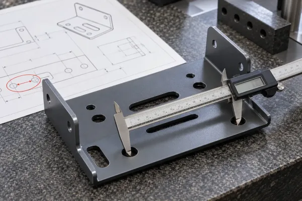 Calipers measuring hole spacing on a finished sheet metal bracket during final dimensional inspection