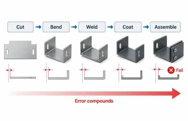 How a small cutting offset compounds through bending, welding, and coating