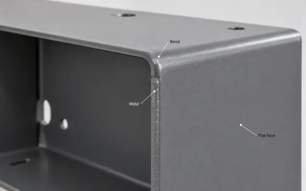 Formed sheet metal enclosure showing bend, weld, and flat face gloss zones