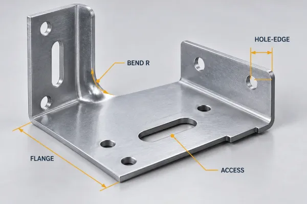 Sheet metal part diagram showing bend radius, hole-to-edge distance, flange length, and join access checks