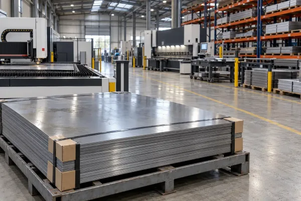 Staged sheet metal blanks moving from warehouse rack toward cutting production