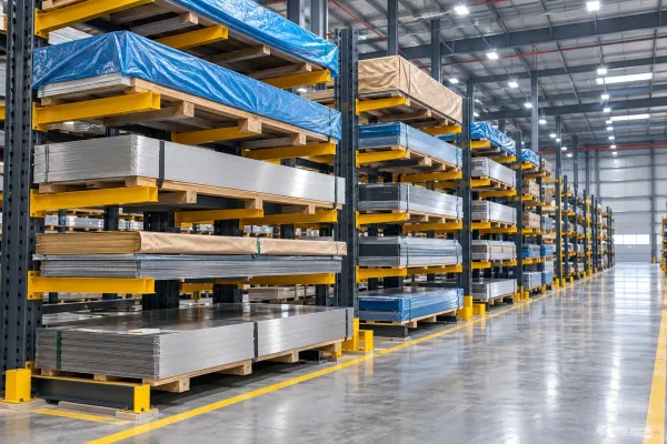 Sheet metal stored off the floor on covered racks in a fab warehouse