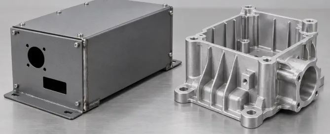 Sheet metal fabricated enclosure parts next to a die cast aluminum housing on a neutral workshop surface