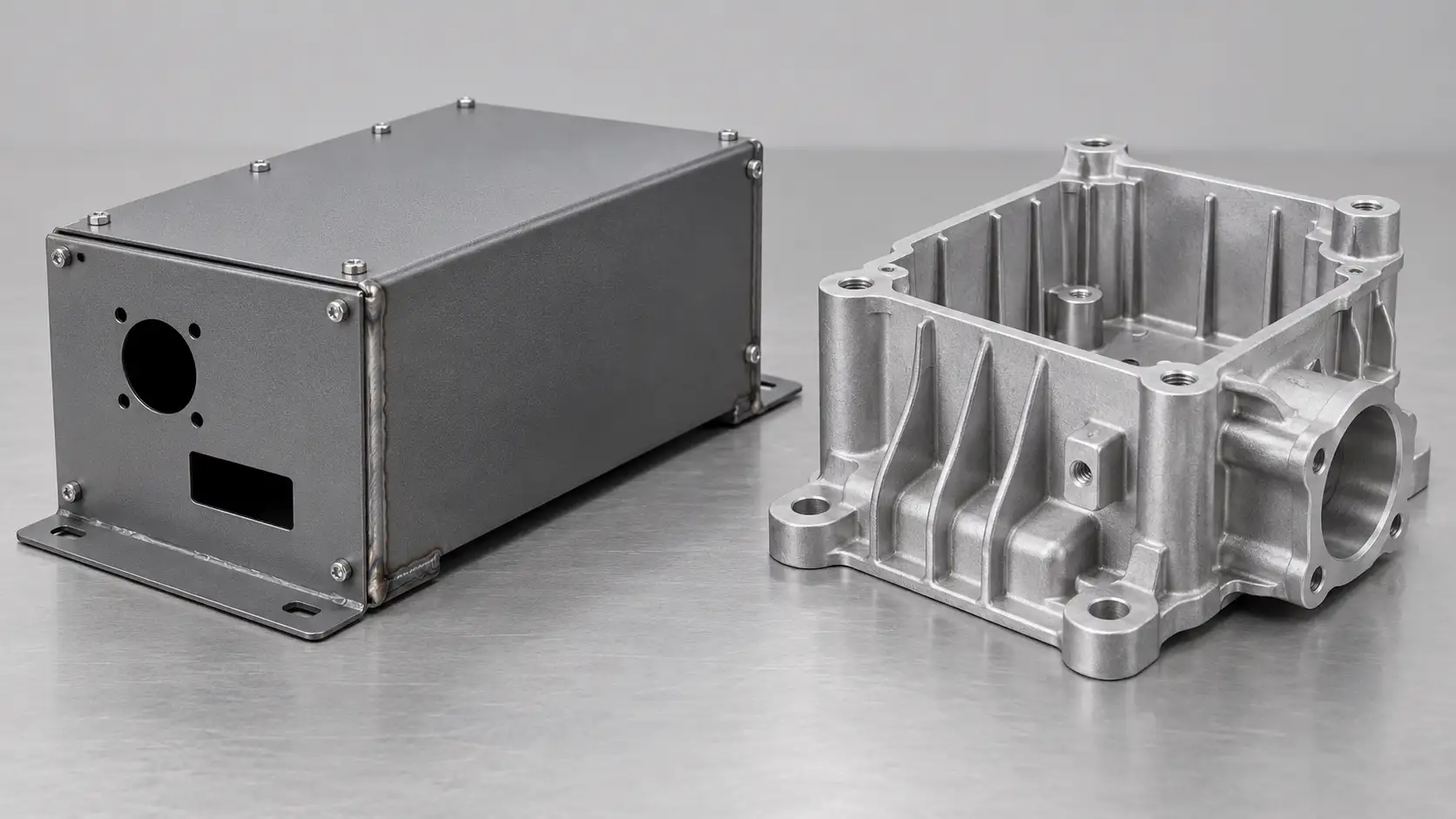 Sheet metal fabricated enclosure parts next to a die cast aluminum housing on a neutral workshop surface