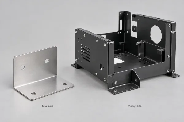 Side-by-side comparison of a simple folded steel bracket and a complex welded sheet metal chassis