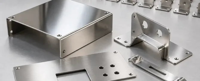 Polished stainless steel sheet metal prototype parts next to a production batch, illustrating polishing MOQ for low-volume projects