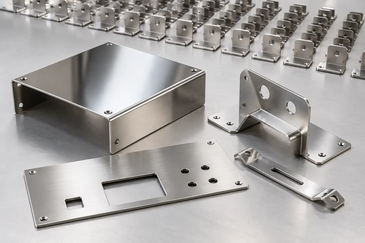 Polished stainless steel sheet metal prototype parts next to a production batch, illustrating polishing MOQ for low-volume projects