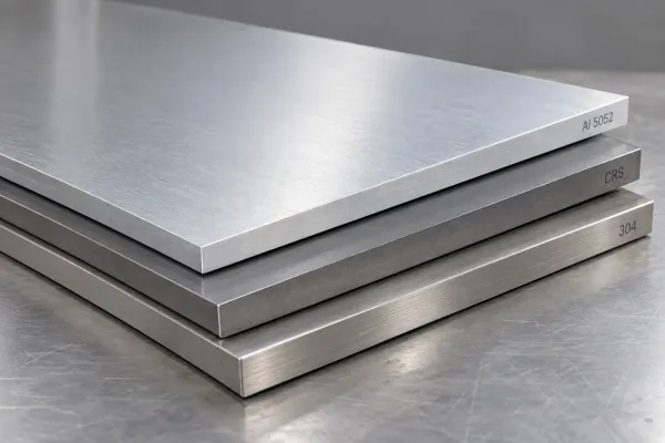 Stack of standard sheet metal stock including steel, stainless steel, and aluminum