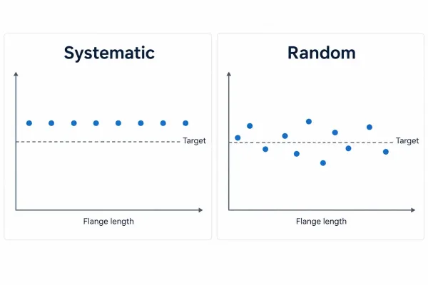 Comparison of systematic offset and random scatter in bent flange lengths