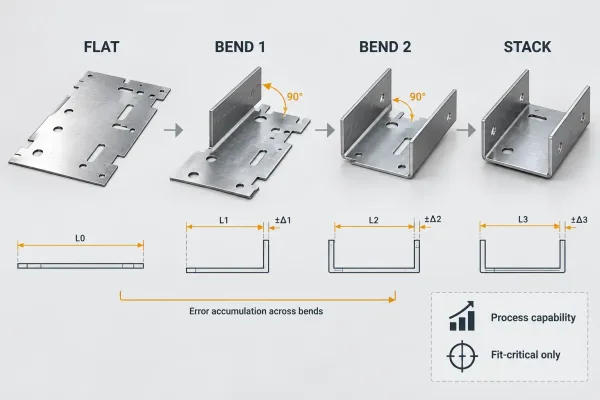 Technical diagram of tolerance stack across bends and how process capability limits achievable callouts