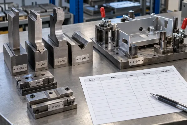 Press brake tooling and a weld fixture with asset tags and a tooling register sheet listing ownership and custody fields