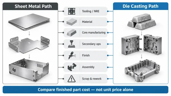Sheet metal parts showing nesting on a steel sheet, press brake bending, and a welded joint on a fabricated frame